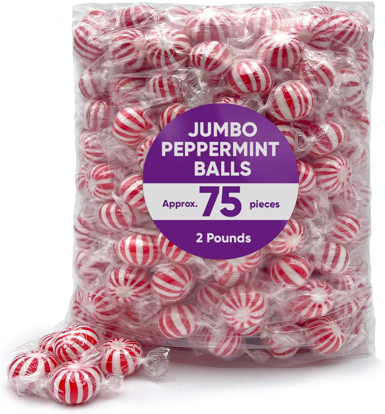 Jumbo Mint Balls Peppermint Hard Candy Bulk - 2 Pounds Approx 75 Pieces of Mini Candy Canes Balls for Christmas Candy Stocking Stuffers for Adults & Kids - Christmas Candy Mints Individually Wrapped - Old Fashioned Christmas Candy Peppermint Candies