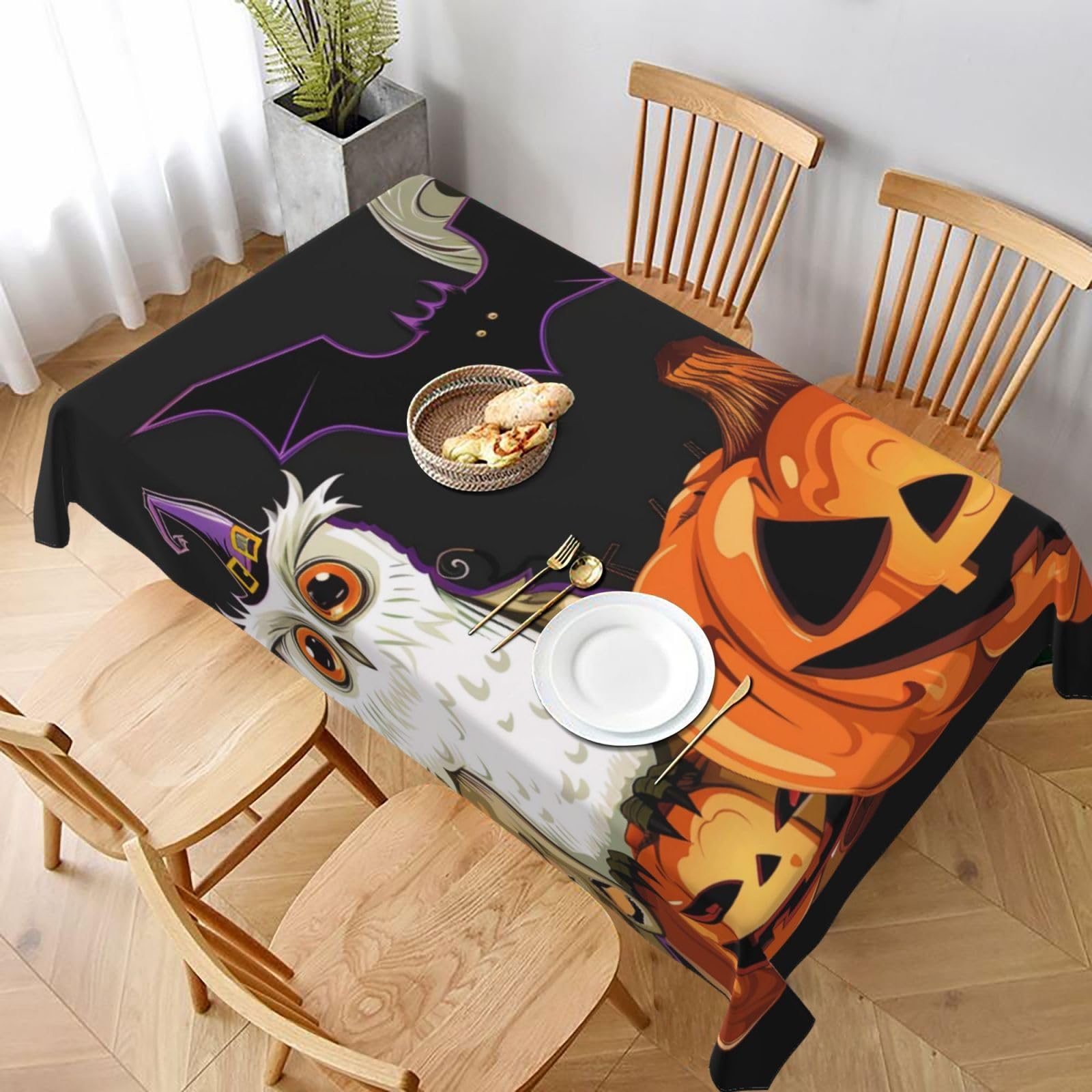 WPKJU Halloween Owl Ghost Pumpkin Printed Tablecloth 60x90 in Water Resistant Table Cover Washable Rectangle Table Cloth for Dining Tables