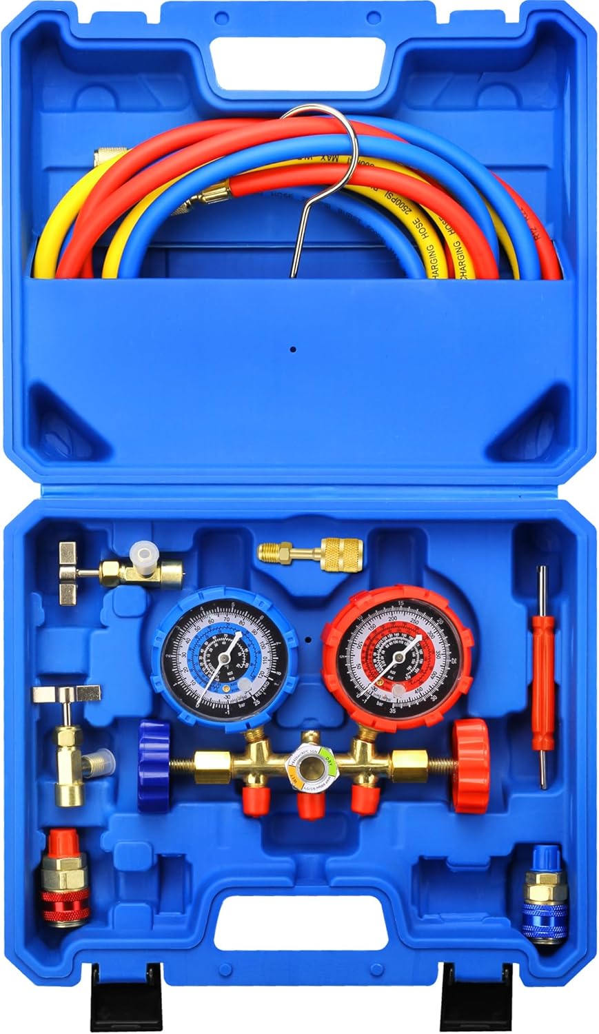 R134a AC Gauge Set, AC Manifold Gauge Air Conditioning Freon Charging Set with 5FT Hose, Quick Couplers & Adapter, Piercing & Self-Sealing Can Tap, Valve Core Remover for R134a R12 R22 R502