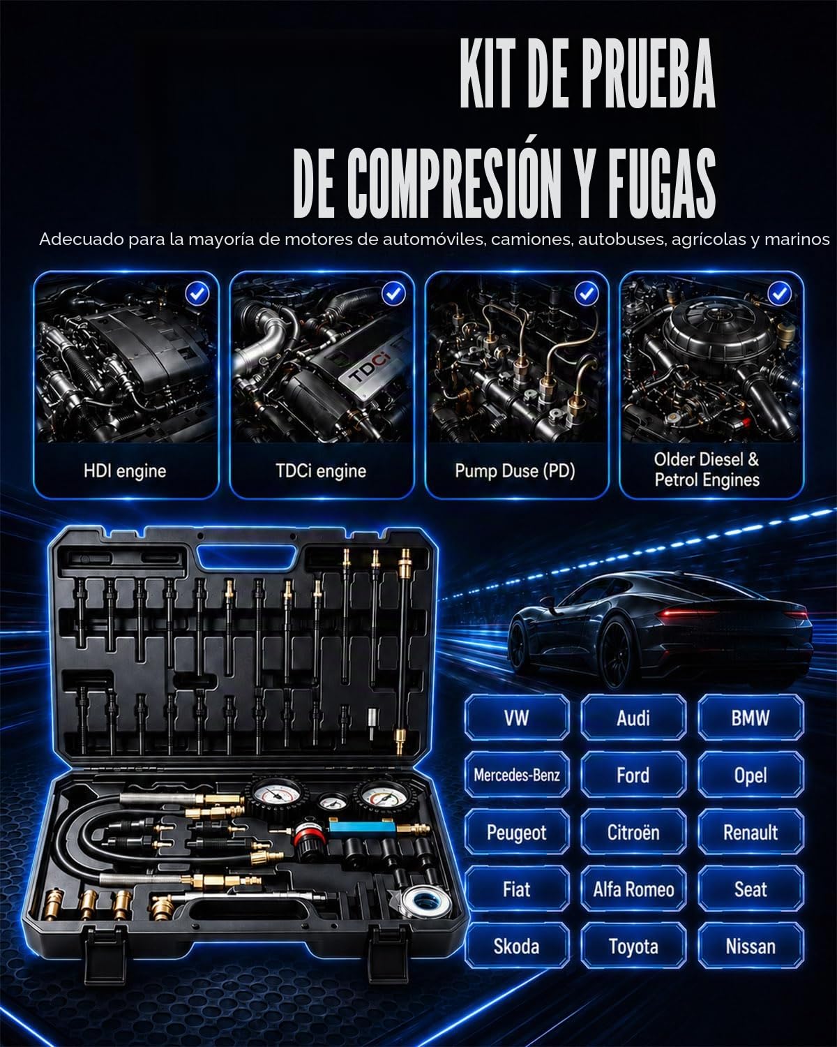INCENDIOS 47 PCS Kit de Comprobador de Compresión y Detector de Fugas | para Motores Diésel y Gasolina, Medidor de Compresión 0-700 PSI / 0-50 Bar, Tester de Compresión para HDi, TDCi y Pumpe-Düse