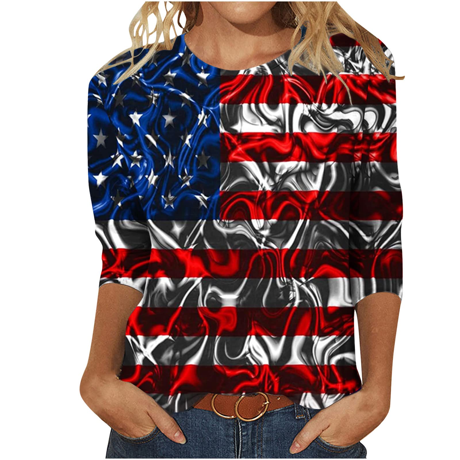 Women 3/4 Short Sleeve Tops Independence Day Shirts Tees T-Shirt Tshirt Patriotic Novelty Party in The USA Trendy Shirt