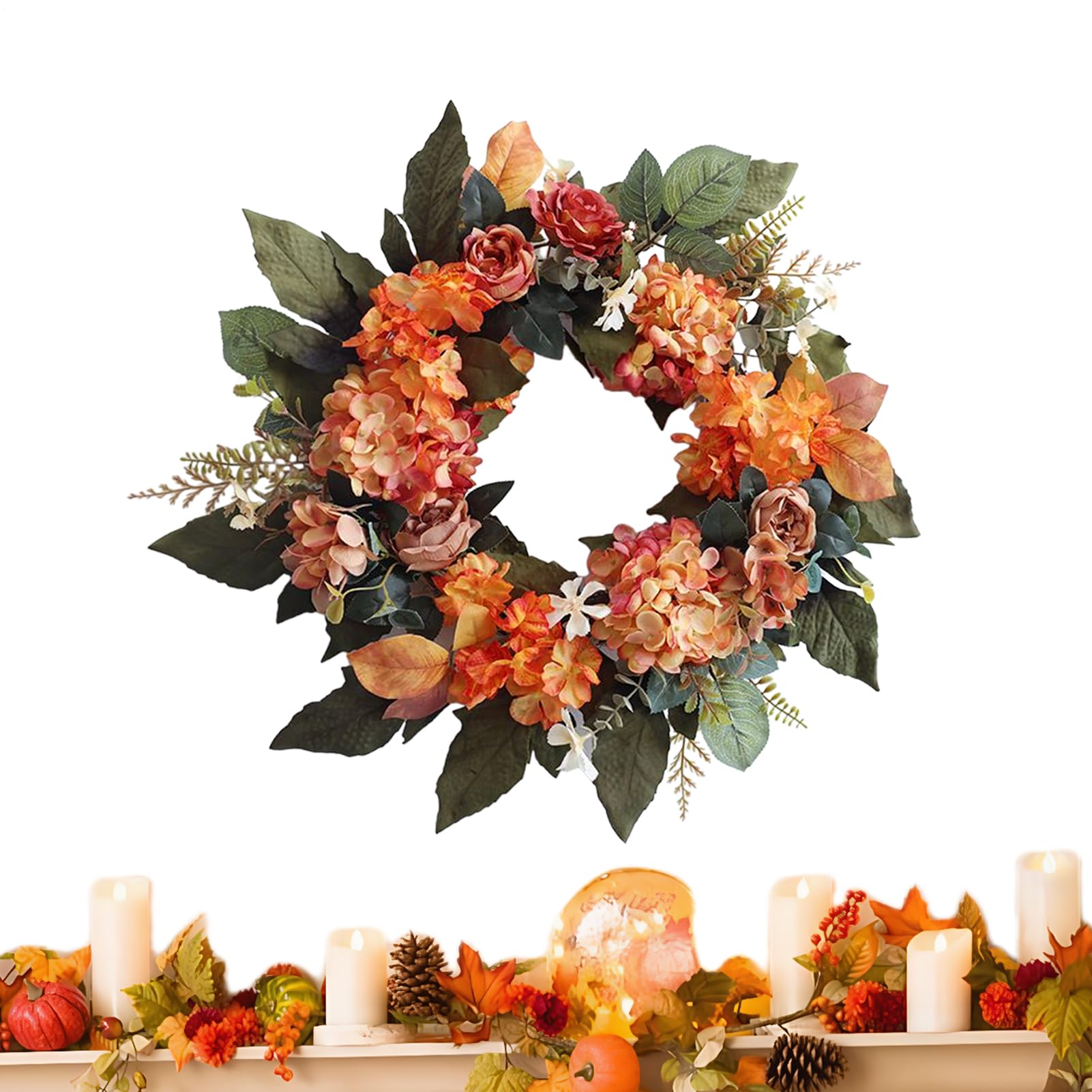 Couronne réaliste pour porte d'entrée en feuillage d'automne durable avec son crochet