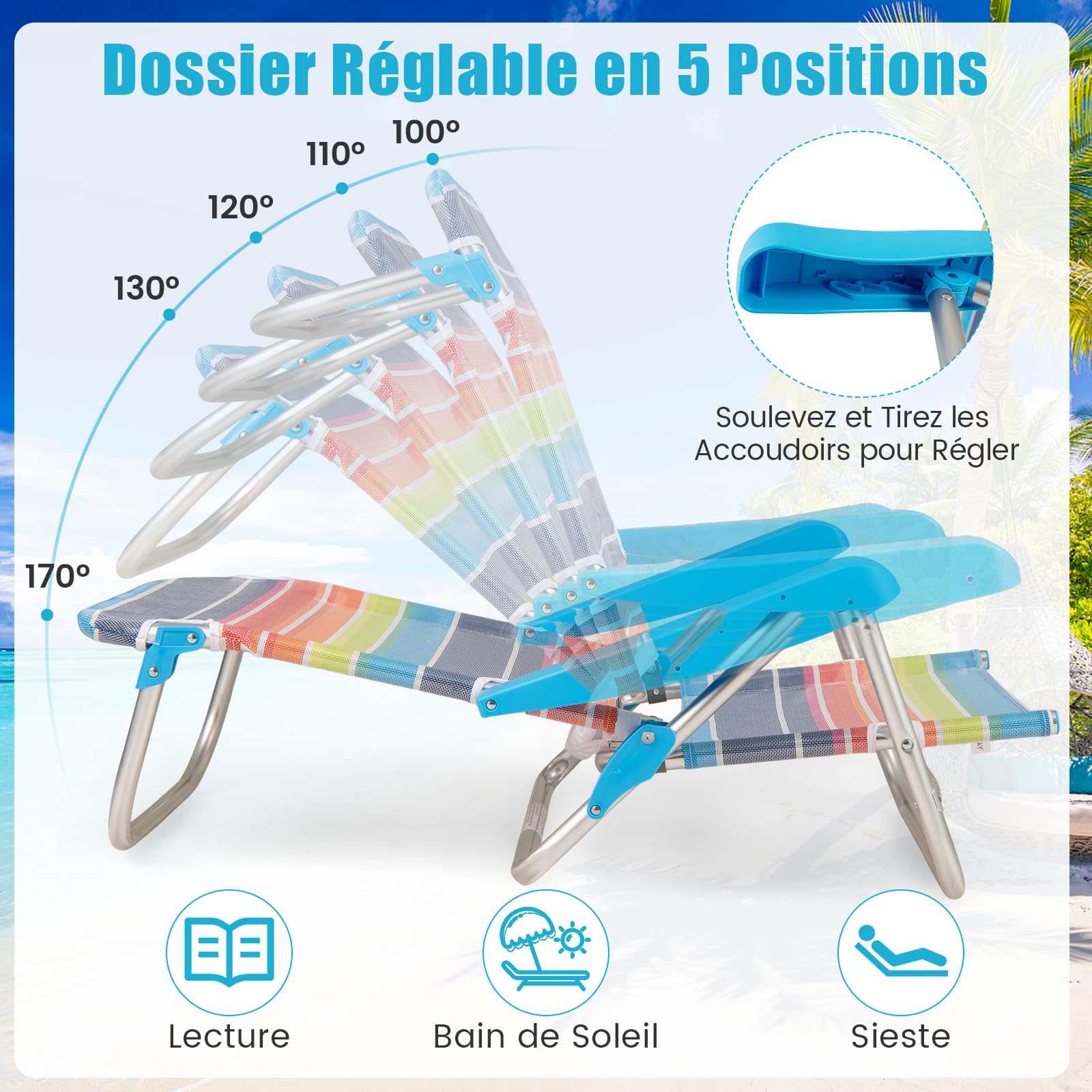 COSTWAY 2PCS Chaises de Plage Pliables à 5 Positions, 64 x 63 x 74 cm