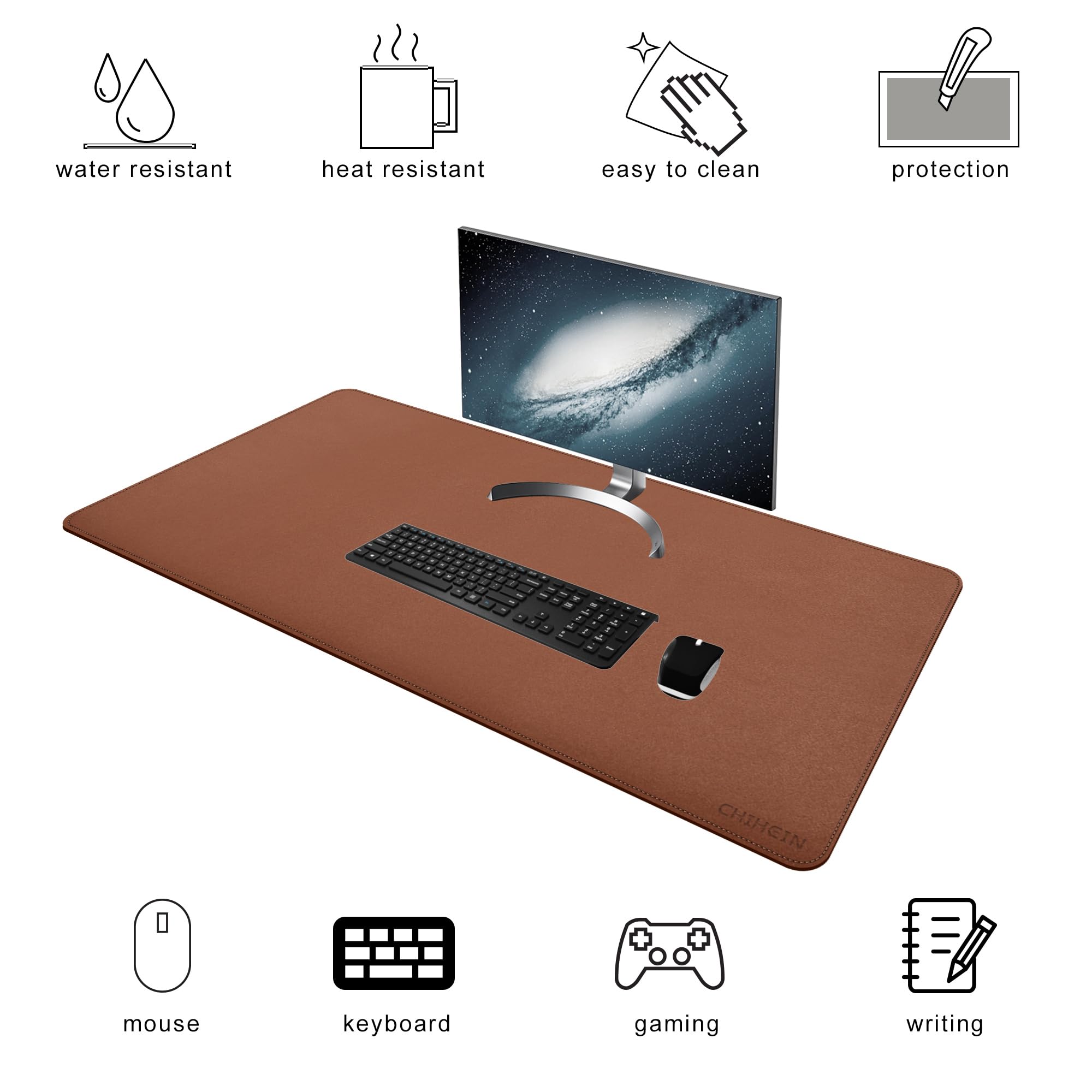 Chihein 100 x 50 cm - En cuir synthétique - Tapis de protection de table pour ordinateur portable - Pour le bureau et le bureau à domicile (marron/liège)