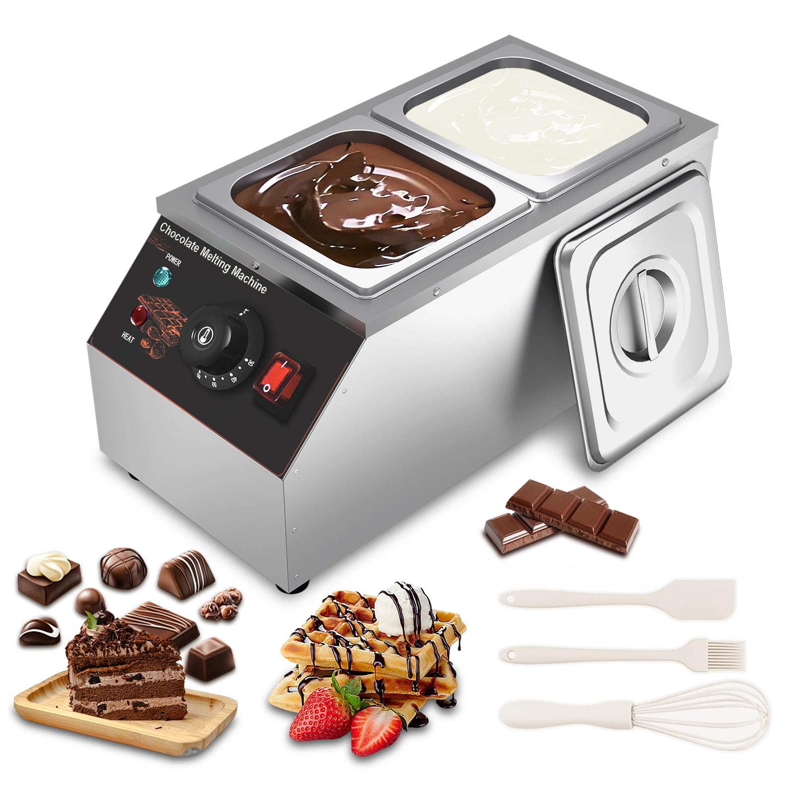 Schokolade Schmelztiegel, Temperiergerät Schokolade Temperiermaschine mit 2 Töpfen Kommerzielle Elektrische Schokolade Schmelzgerät Edelstahl, 2x1/6 GN Behälter Schokolade Schmelzmaschine Topf