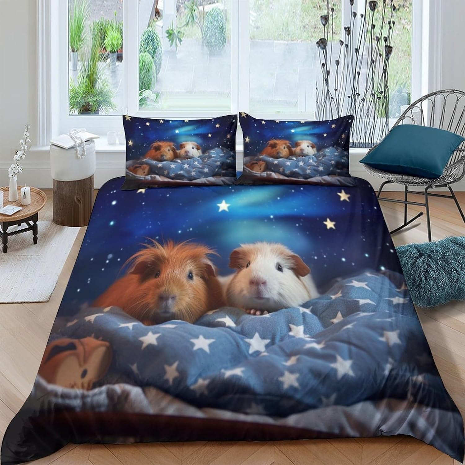 Housse de couette cochon d'inde 220x240 cm avec 2 taies d'oreiller pour lit 2 personnes