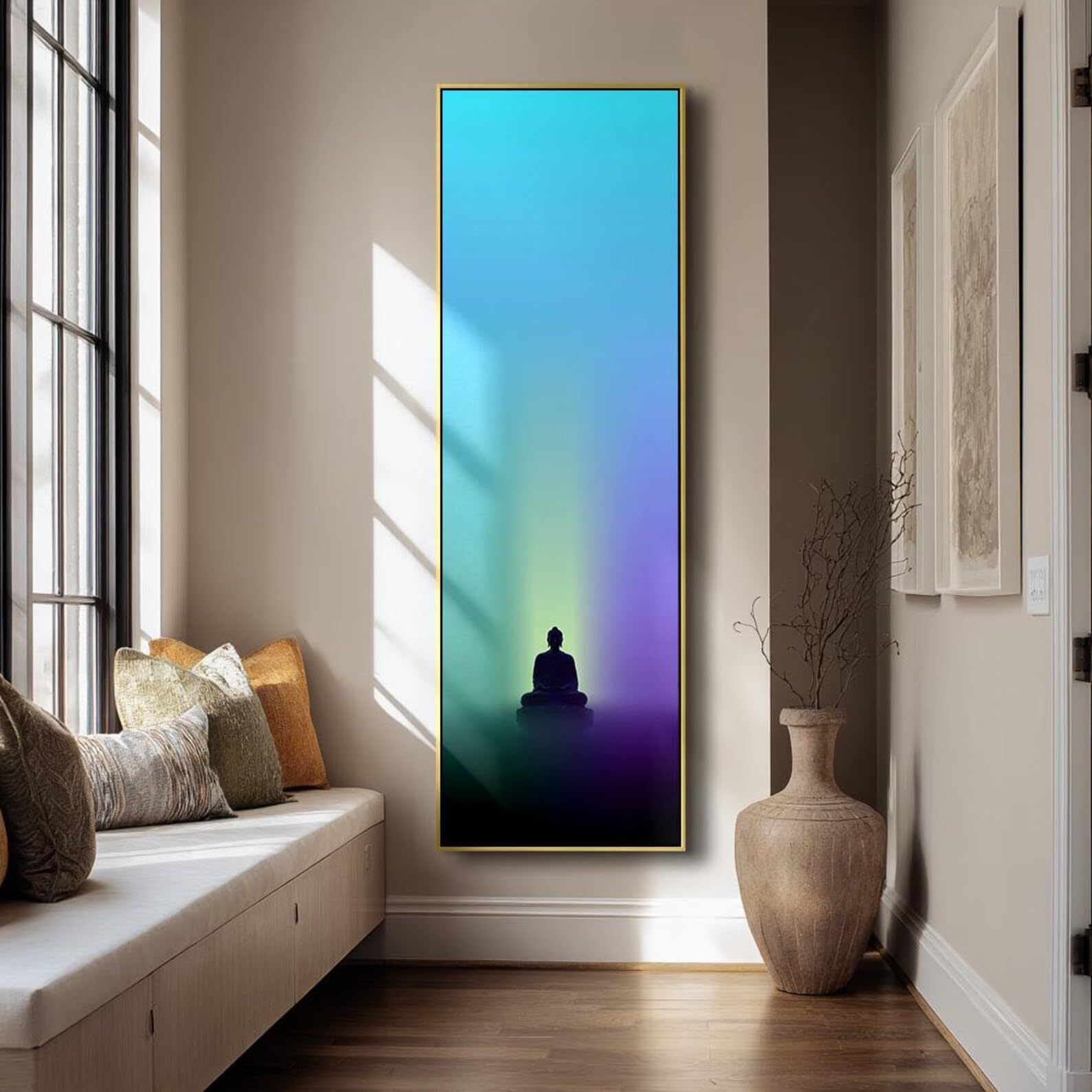 YUSUZHU Tela decorativa per studio di yoga, arte da meditazione alta e stretta, decorazione zen, pezzo spirituale sottile, dipinto verticale di Buddha da parete (20x60 cm/cornice interna)