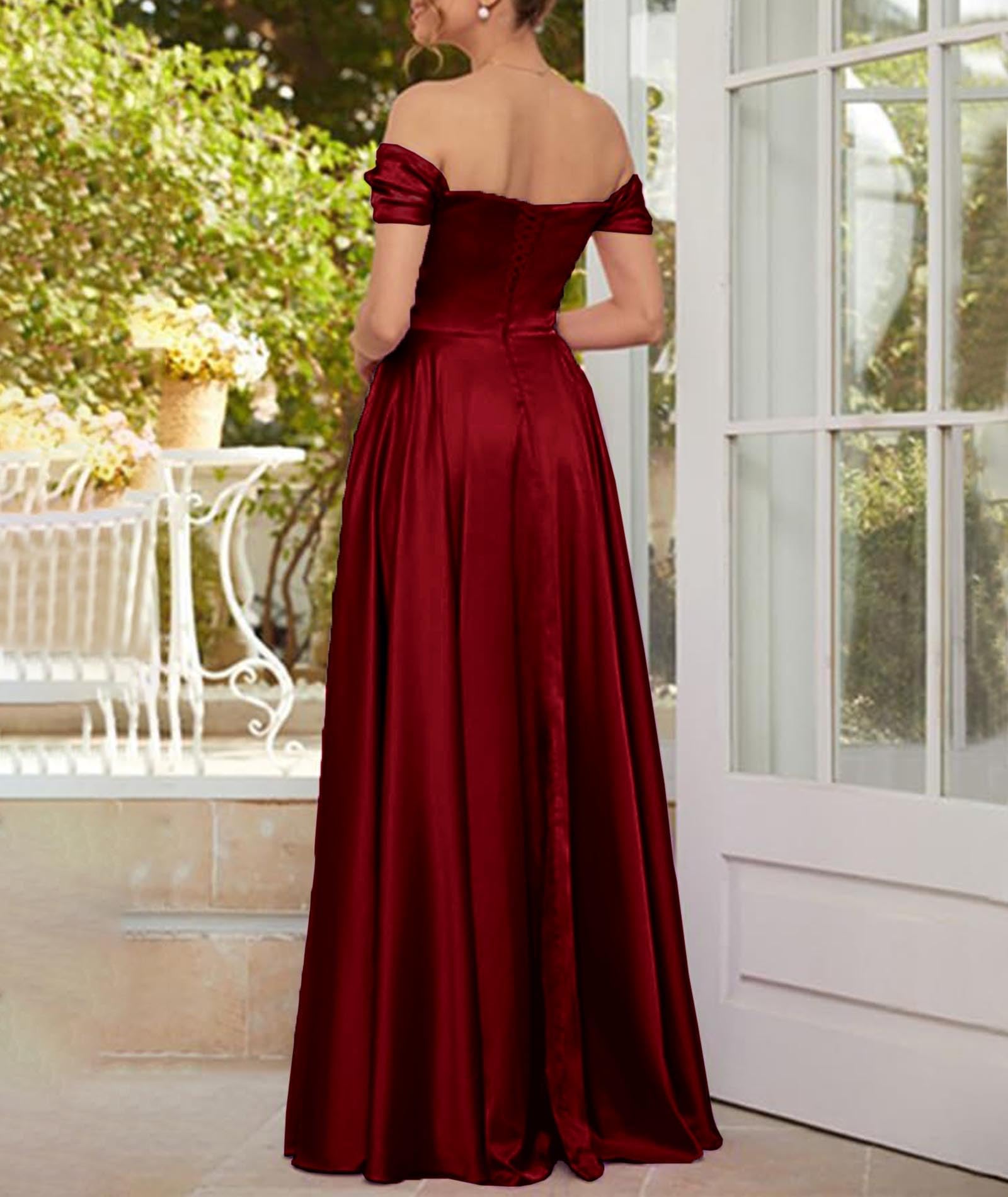 ECDAHICC Vestido de dama de honor sin hombros para mujer, de satén, con abertura larga, elegante, formal, línea A, vestido de boda y fiesta, granate, XL