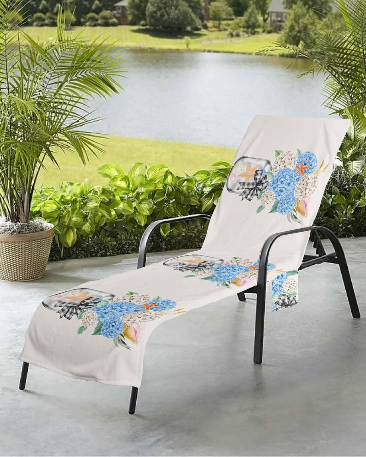 Floral Bottle Beach Chair Towel Covers for Chaise Lounge with Side Pocket, Soft Plush Pool Towels Cover for Patio Sunbathing Outdoor 29''x85'' Blue Grey Coastal Starfish Eucalyptus Plaid Farmhouse
