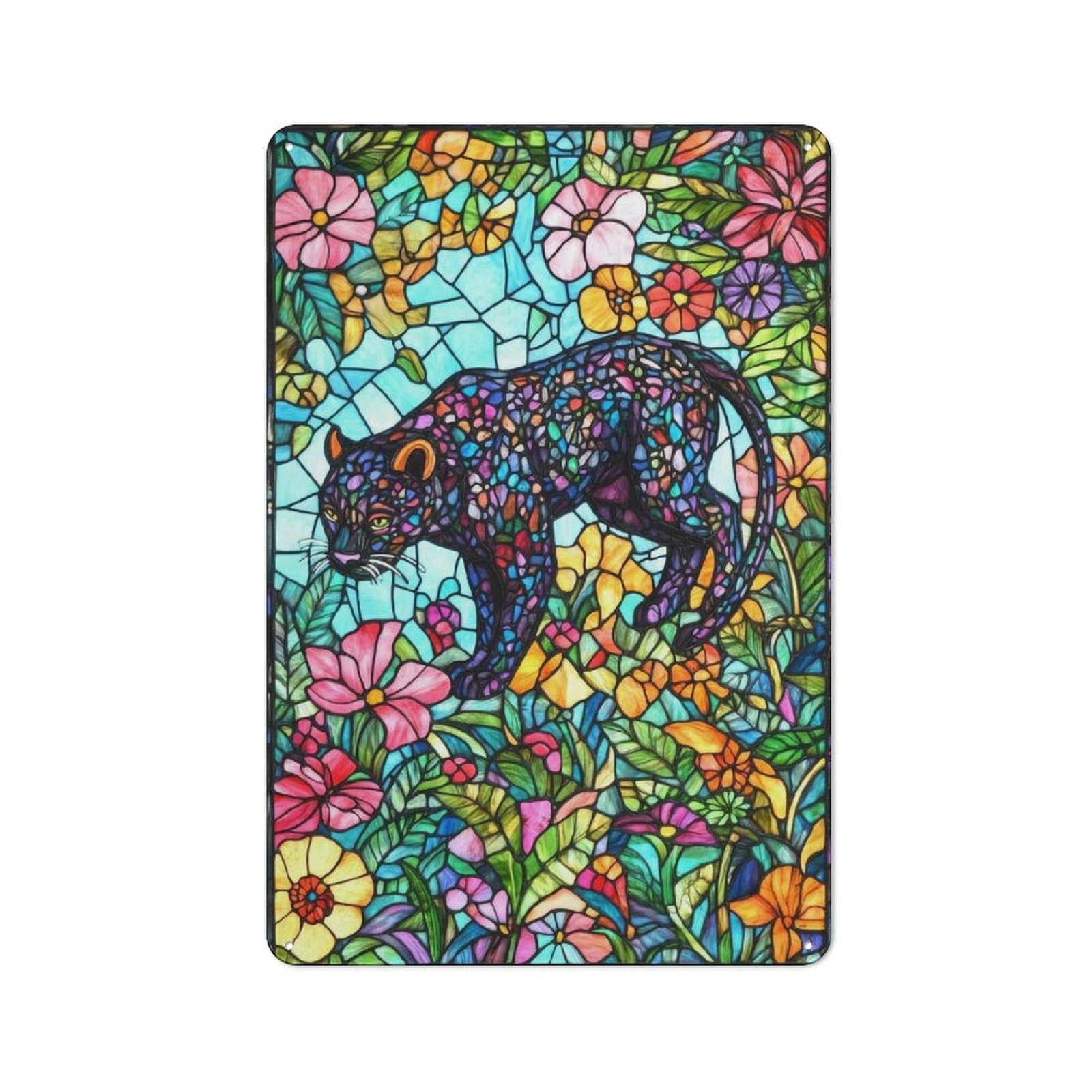 Junmoney Stained Glass Panther Rustic Metal Sign 30X20cm For Kitchen Or Home Bar, Gift For Kitchen Decor Lovers During The Christmas Season