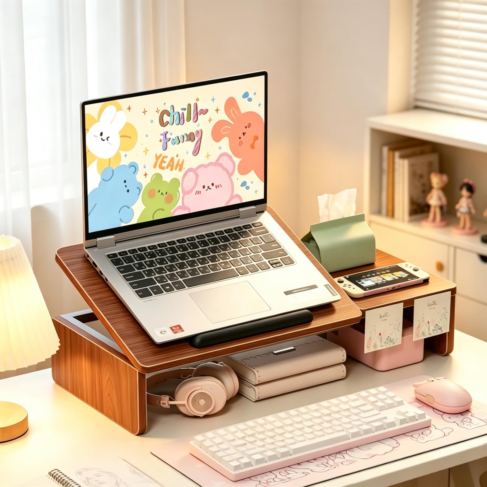 Supporto per computer portatile regolabile in altezza a 5 livelli, 2 in 1, con ripiano separato, supporto per laptop in effetto legno, supporto ergonomico per notebook per casa e studio, 51,5 x 24 cm