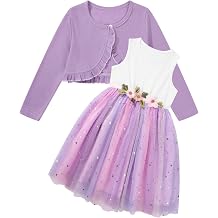 2 Piece Little Girls Floral Princess Dress & Cardigan Set 3-8 Yeas | 2Pcs Floral Print Tulle Sleeveless Tulle Dress and Long Sleeve Ruffle Shrug for Parties, Weddings or Daily Wear Size 3-8