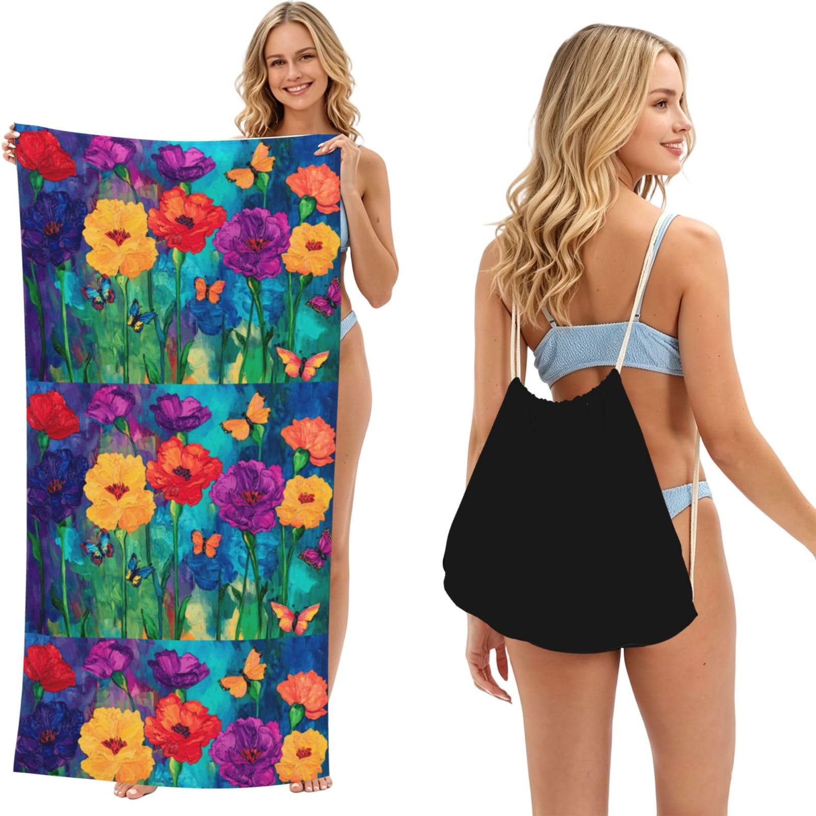 SKGOHLH The blooming rainbow flower 2in1 Packable Beach Towel Bag Women