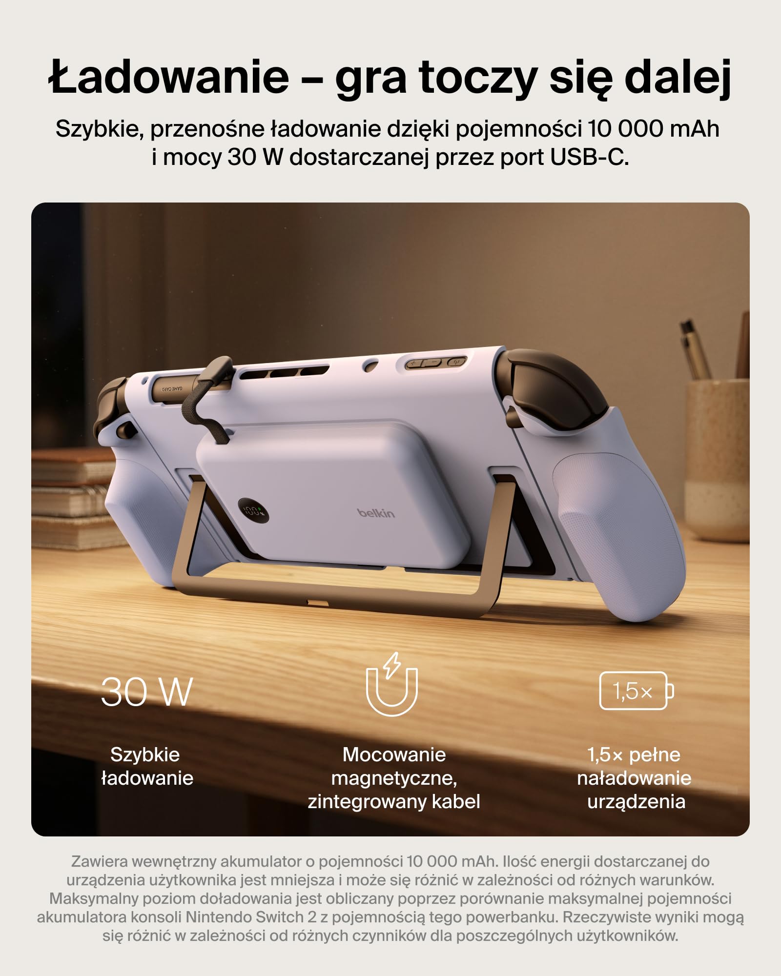 Belkin Gaming Uchwyt Ładujący do Nintendo Switch 2, 10 000 mAh – Fioletowy | Odłączany Powerbank Magnetyczny 10 000 mAh, 30 W, Zgodny z Podpórką, Ergonomiczny Uchwyt Antypoślizgowy, Wyświetlacz
