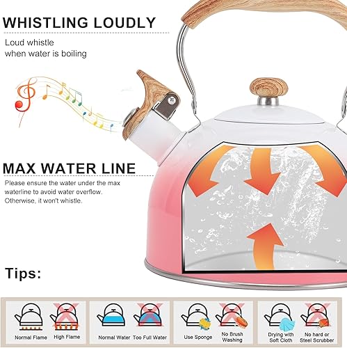 Miniatura 2 de Vegoran - Hervidor de té silbante de 85 onzas  2.5 litros, ollas para estufa, acero inoxidable de grado alimenticio con mango plegable con patrón de