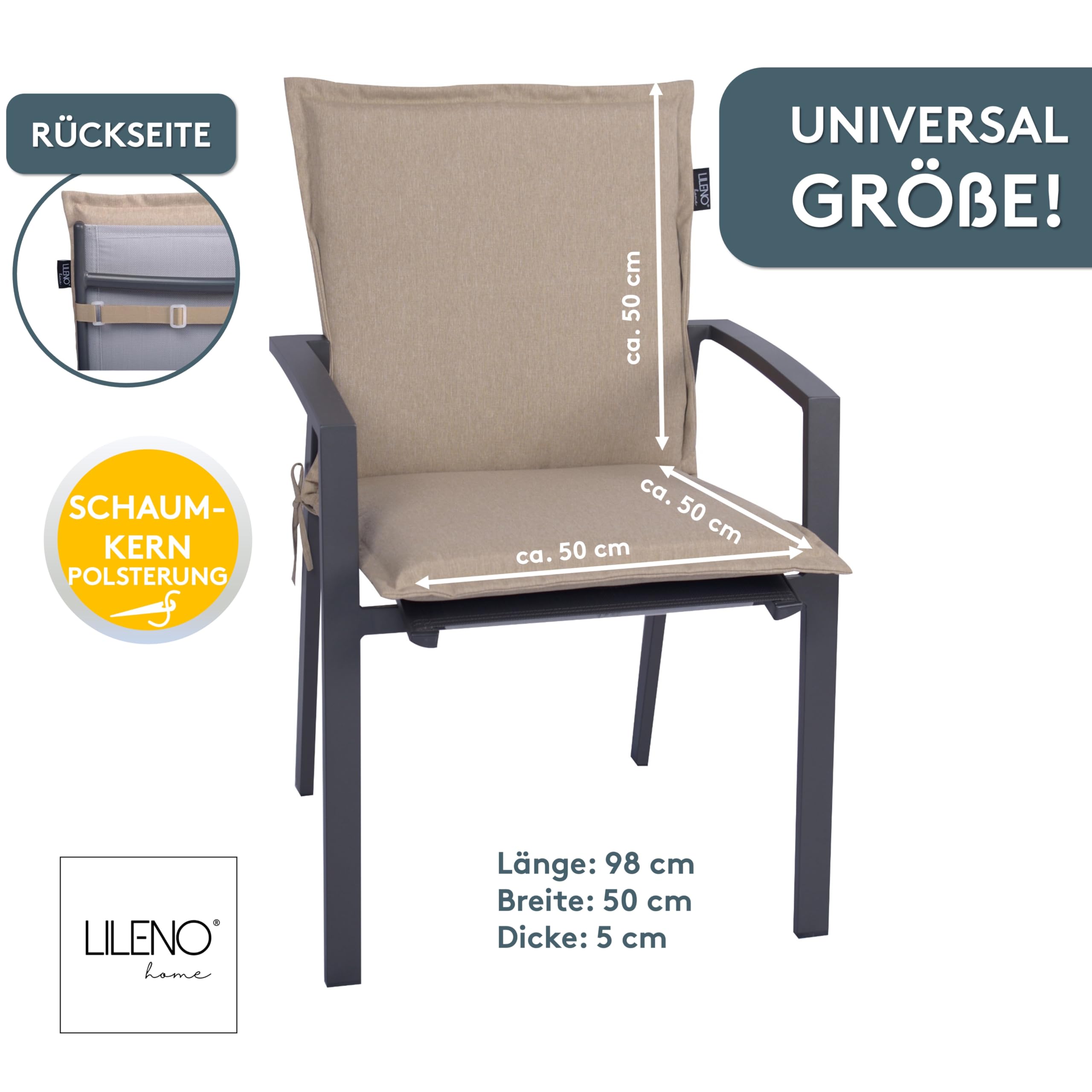 LILENO HOME Malta Cuscino per sedie da giardino, sedie pieghevoli e sdraio, set da 1, schienale basso color tortora, comodo, per mobili da giardino