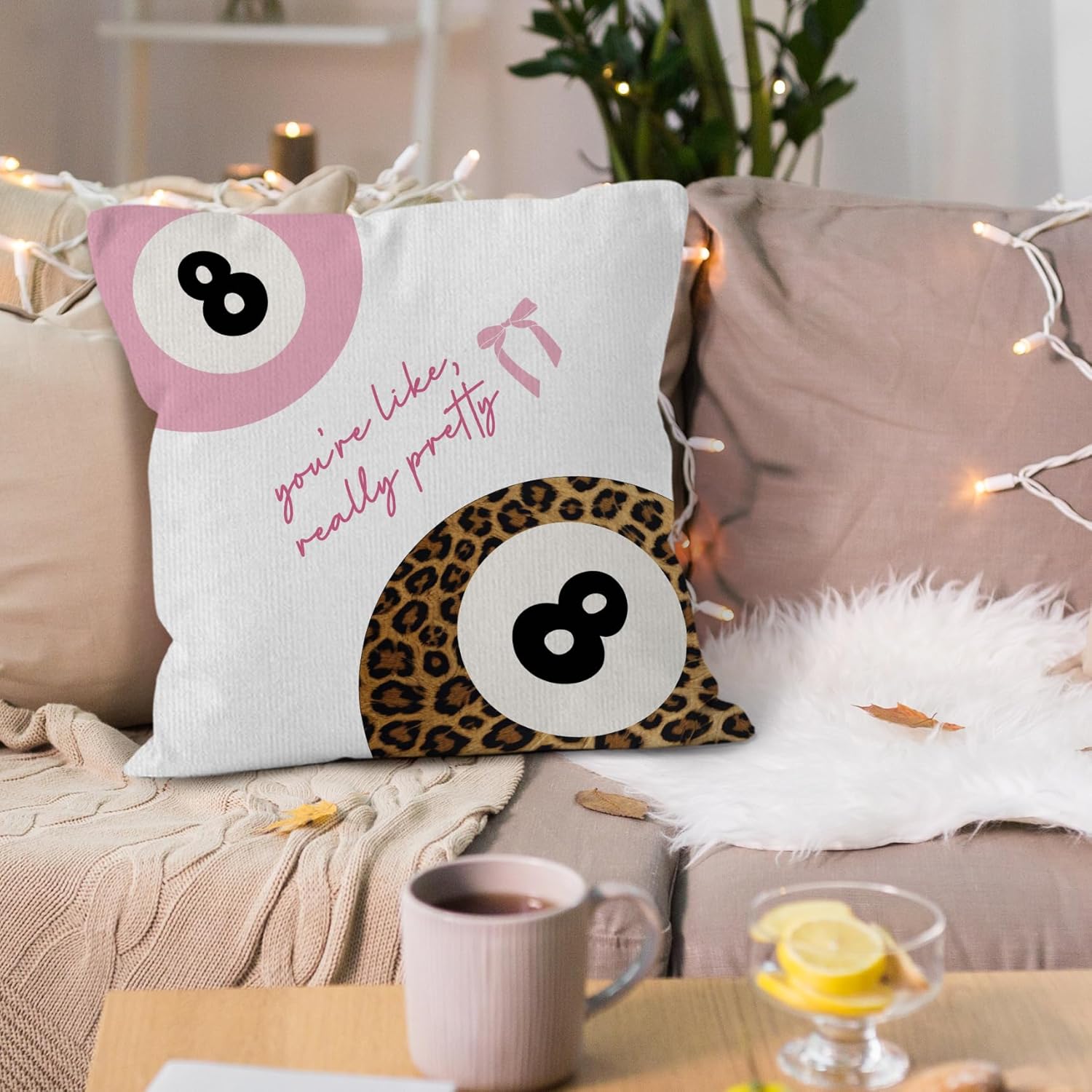 Trendy Preppy Lucky 8 Ball Throw Pillow Covers 18x18, Coquette Pink Bow Decorative Pillow Covers for Girls Room Bedroom Dorm, Leopard Cheetah Print Accent Pillows Cover Pillowcases - Image 2