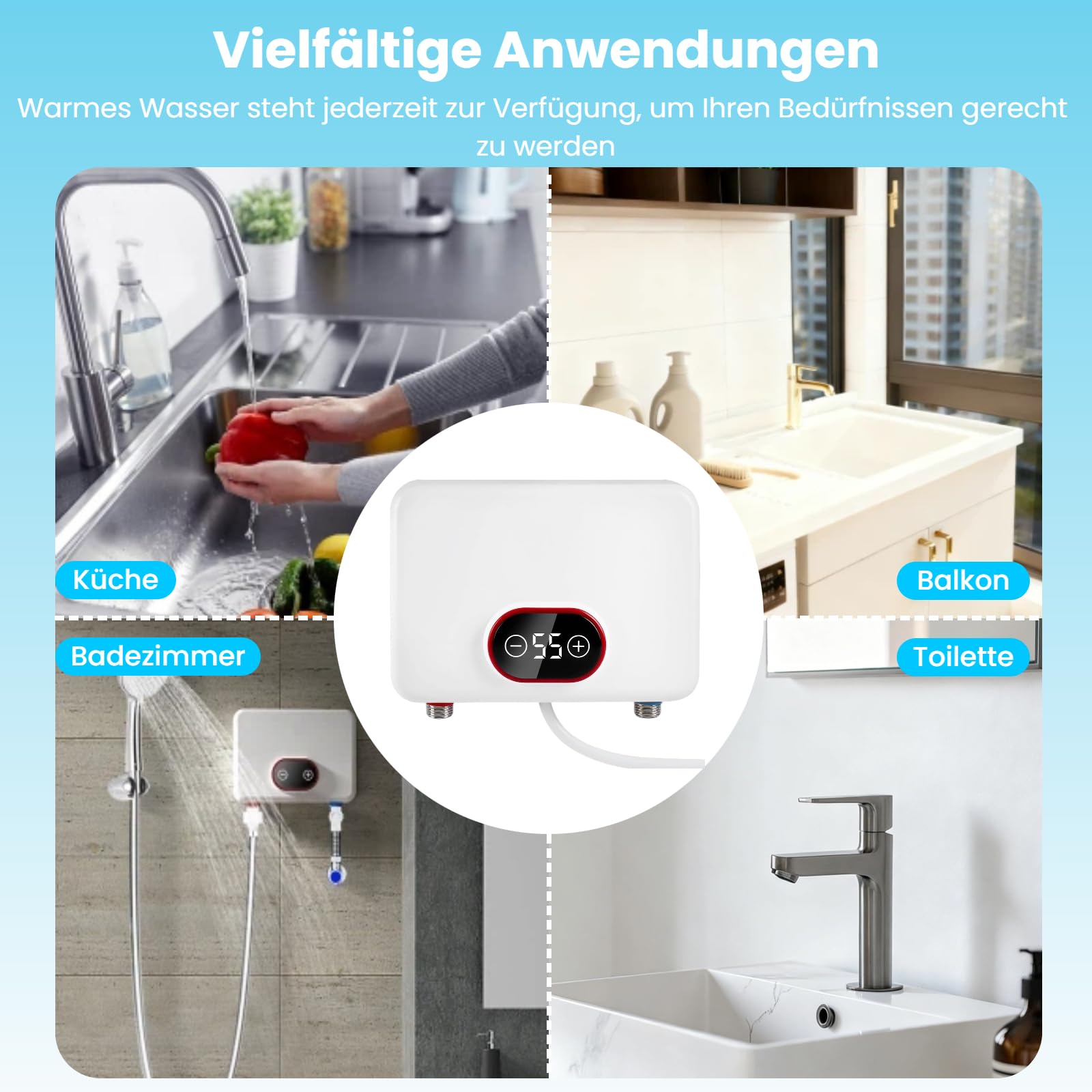 Mini Durchlauferhitzer, 3500-5500W 220V Elektrische Warmwasserbereiter IPX4 Schutz mit LED-Temperaturanzeige, Plug-and-Play Heißwasser für Dusche, Küche, Bad