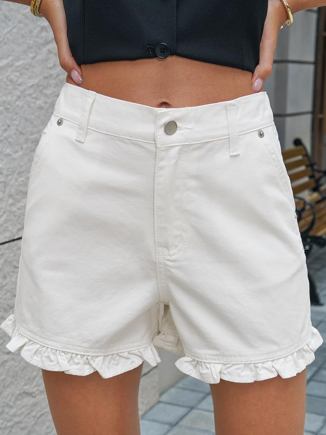 Aoysky Womens Summer Ruffle Denim Shorts Cute High Waisted Cotton Short Jeans with Pockets