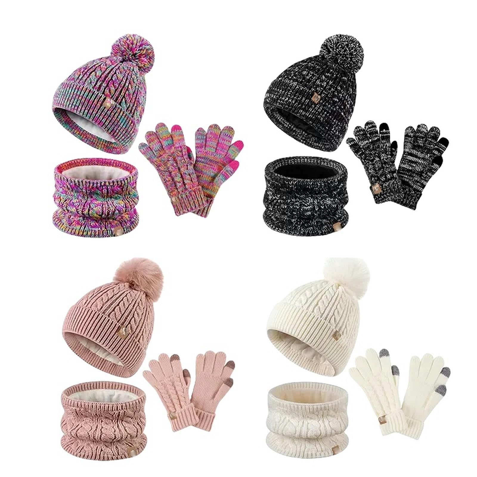Zonto Wintermütze Schal Handschuh-Sets Warmhuthandschuhe Schal Set Für Kinder 5-12 Jahre Alt 3 In 1 Wintergestrickter Hutschalhandschuhe Kombination-Schwarz