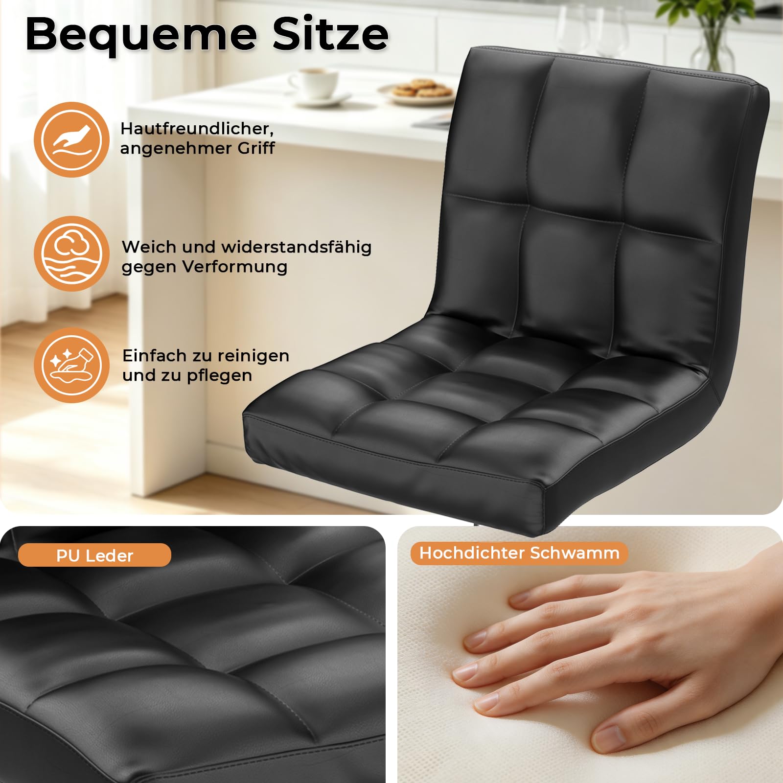 Bigzzia Barhocker 2er Set, Barhocker mit Lehne, Höhenverstellbar, PU-Leder Gepolsterter Barstuhl mit Rückenlehne und Fußstütze, 360° Drehbar, für Küche, Theke, Bar, Schwarz