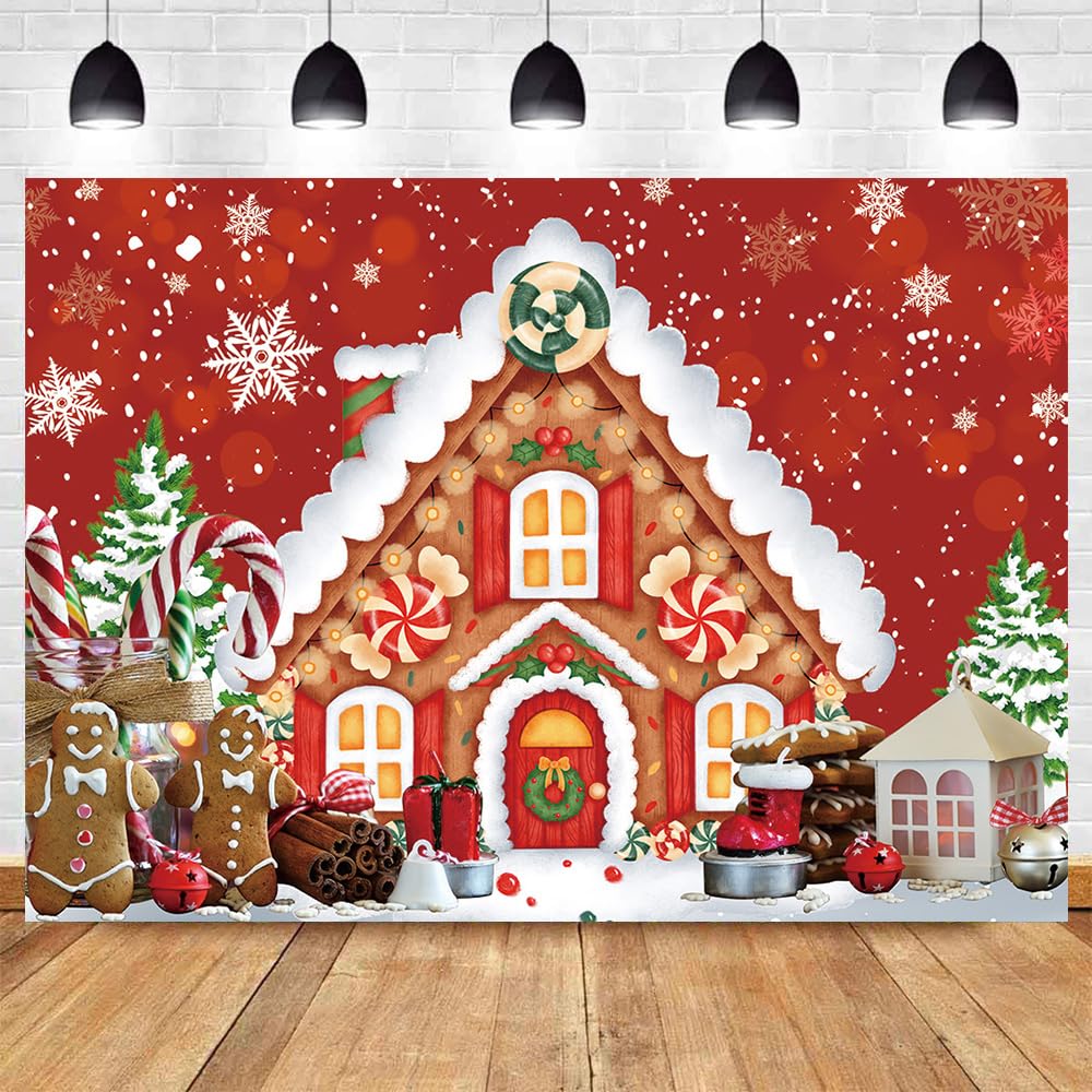 MAQTT 5X3ft Red Christmas Gingerbread House Theme Backdrop Fabric Photography Backdrop Candy House Snowflake Wonderland Pine Tree Photo Background