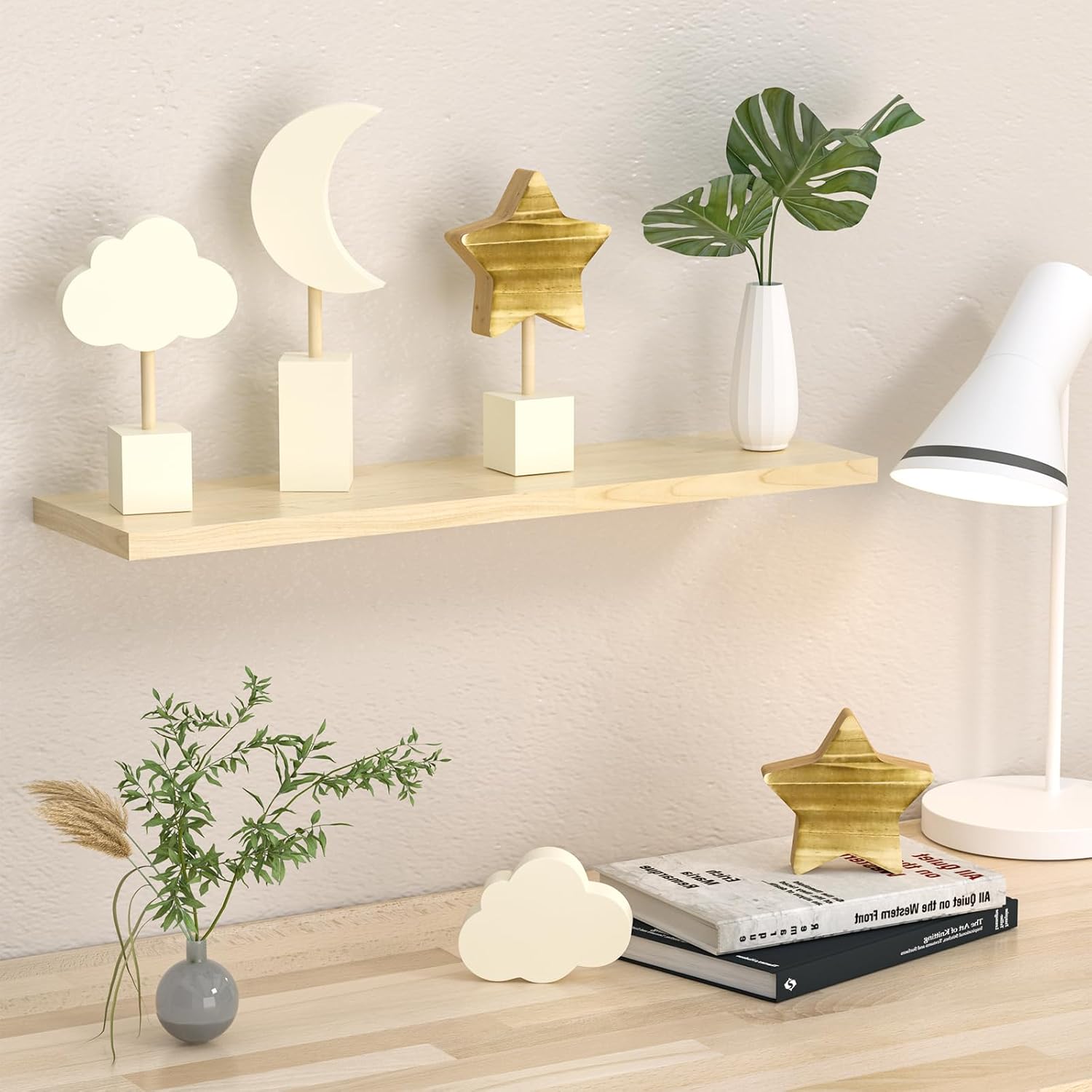 3 Pcs Wooden Moon and Stars Nursery Decor Boho Sky Cloud Nursery Shelf Decor Cute Children Baby Wall Decor for Nurseries Bedroom Kindergarten Classroom Playroom