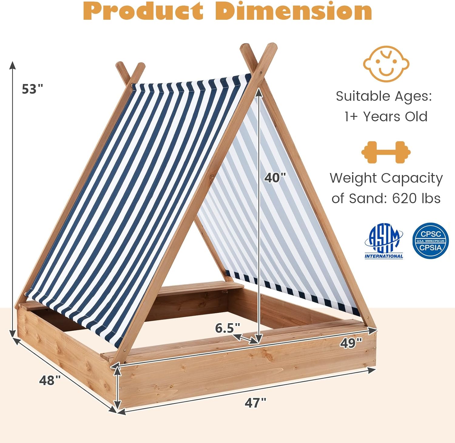 Costzon Kids Sandbox with Canopy, Large Triangular Wooden Sand Box w/ 2 Bench Seats, Blue and White Stripes for Children 1+ Years Old, Outdoor Cabana Sand Pit in Backyard, Garden and Beach