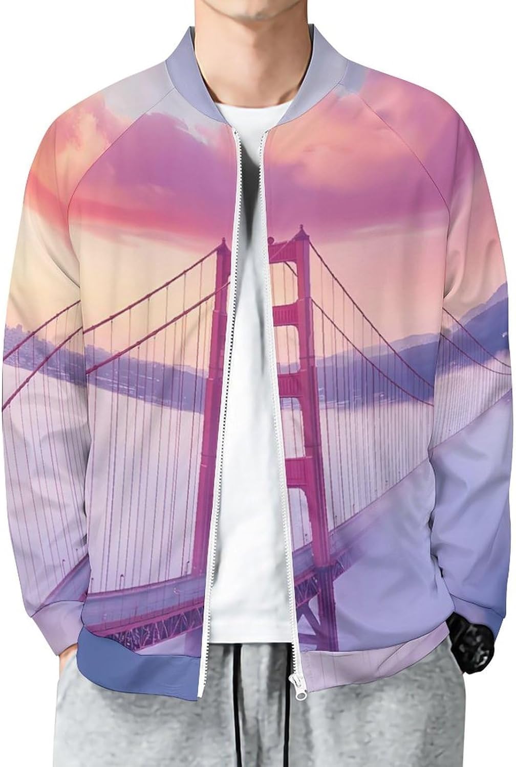 Gold Gate Bridge in The Mist Men's Zip Up Sweatshirt Casual Sweater Jackets Long Sleeve Tops Lightweight Coat