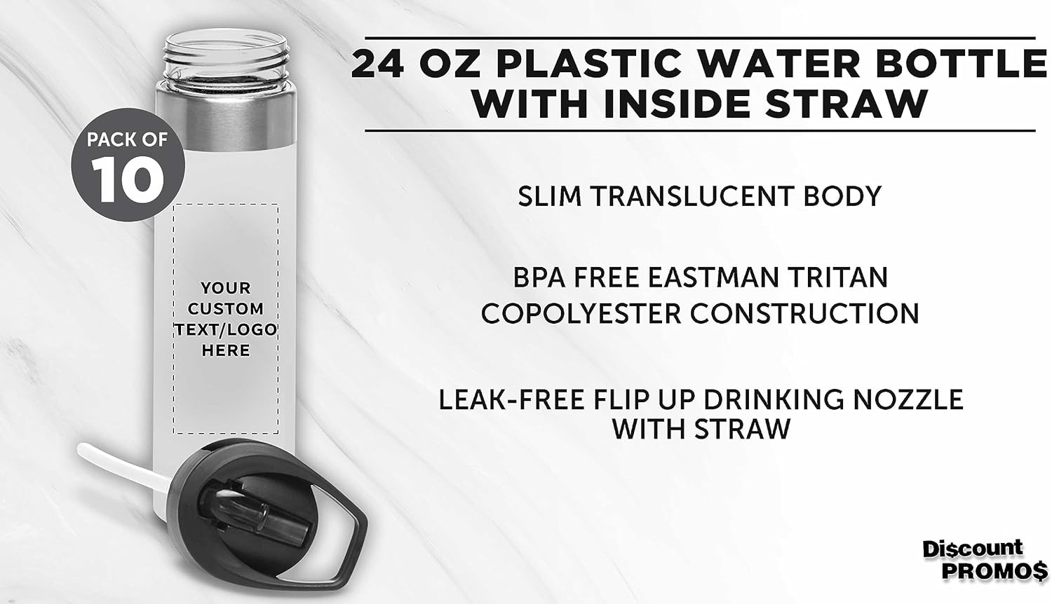 Custom Plastic Water Bottle 24 oz with Inside Straw - 10 Pack - Personalized Text - BPA Free, Screw-On Cap Flip Nozzle Mechanism - Slim Translucent Body - Eastman Tritan Copolyester - Clear - Image 3