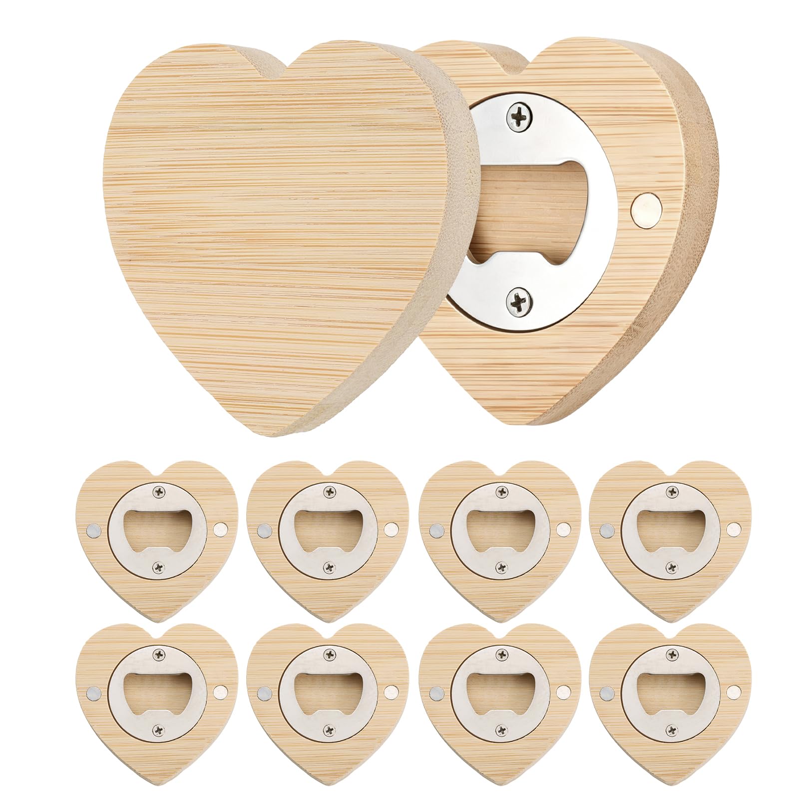 QUARKZMAN 10 Pz Apribottiglie in Legno Magnetici A forma di Cuore | Apribottiglie Portatili di Birra in Acciaio Inox Magneti da Frigorifero Regalo per Uomini e Amanti Della Birra