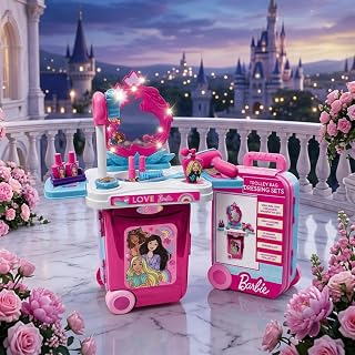 Barbie Trolley Dressing Set for Girls - 18 Pcs Portable Beauty Kit with Lights, Music & Realistic Makeup Accessories - Pretend Play Vanity Set |Birthday Gift for Kids Age 3+ (Pink)
