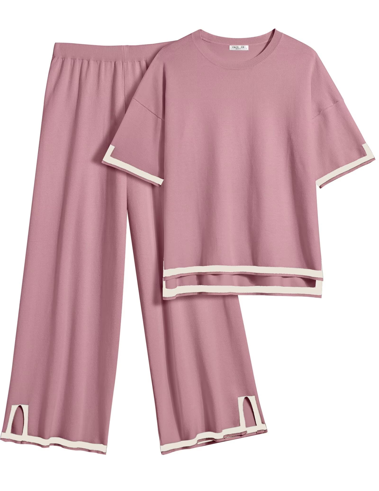 Ekouaer Lounge Set for Women Travel Outfits 2 Piece Sets Short Sleeve Sweater Top Wide Leg Long Pants Loungewear