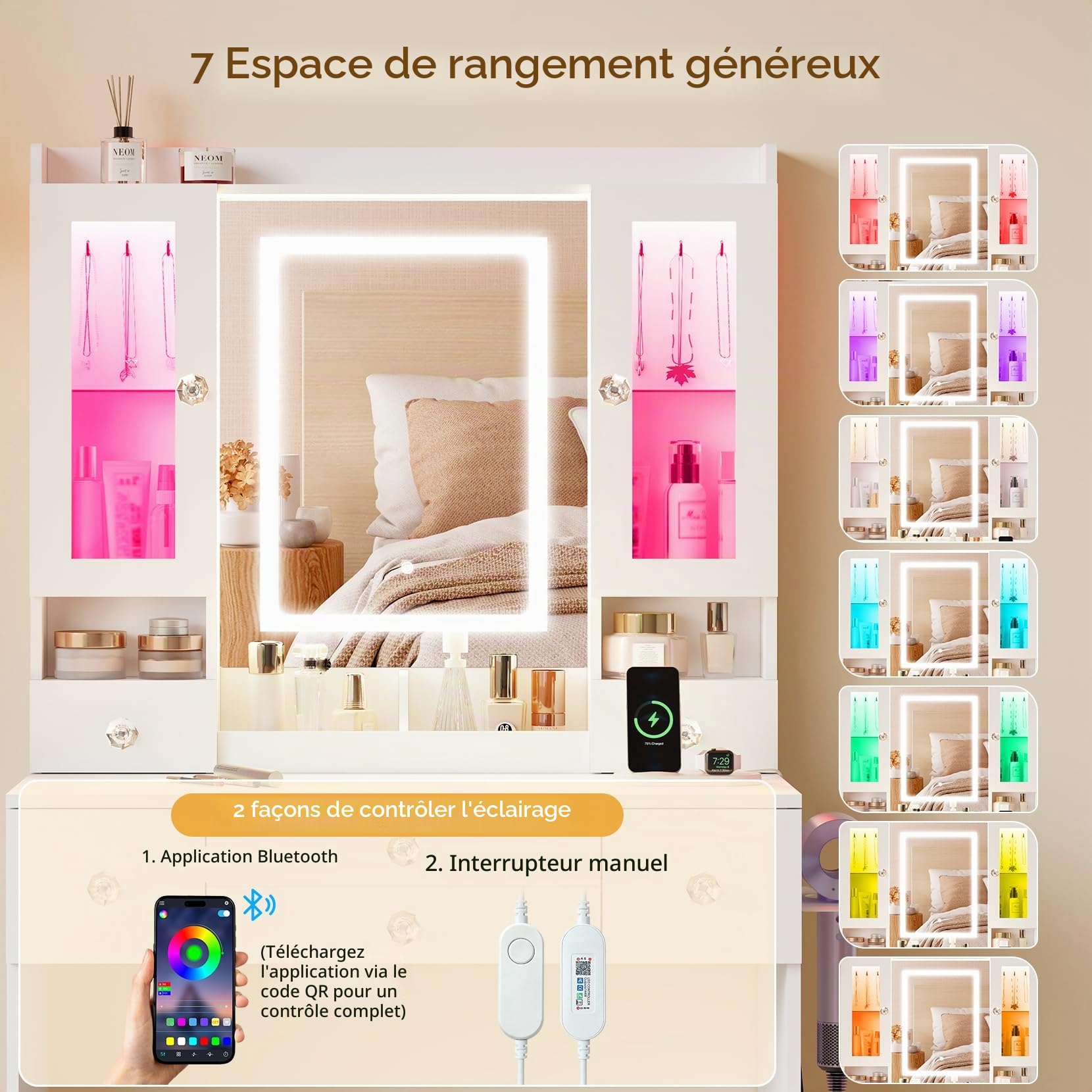 Dripex Coiffeuse Miroir LED, Vitrine RGB, 5 Tiroirs, Blanc 80cm | Multiprise intégrée avec ports USB, Support sèche-cheveux latéral, 3 modes d'éclairage LED : chaud, neutre, froid