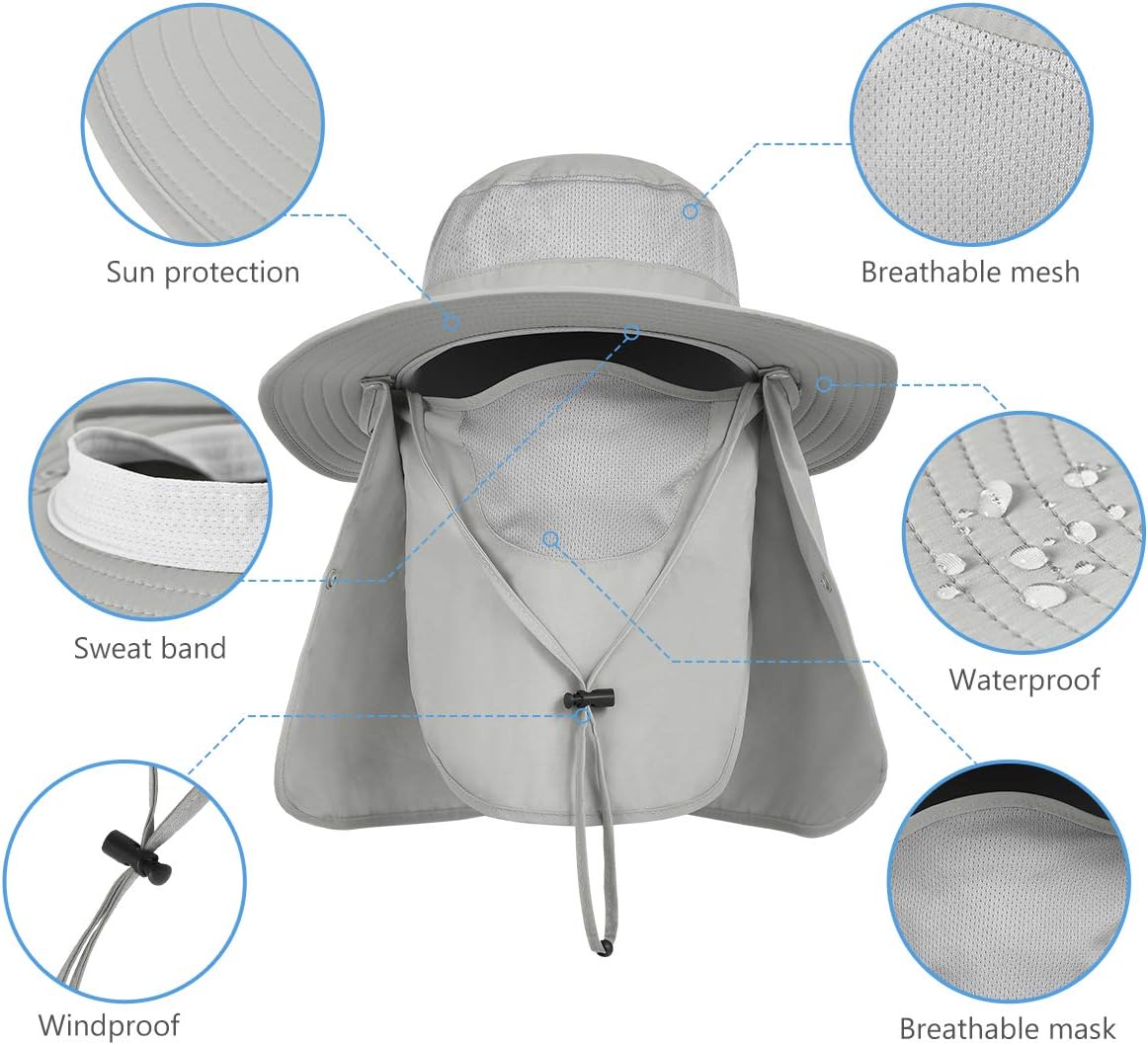 LCZTN UPF 50+ Sun Protection Cap Wide Brim Fishing Hat with Face & Neck Flap Light Gray : Sports & Outdoors