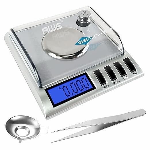 AWS Gemini-50 Milligram Scale 50g x 0.001g – Digital Jewelry/Lab Scale for Powder, Gold, Gems – Includes Calibration Weights, Tweezers & Tray – Tare, Cal, 6 Units, Pocket Size Mg Scale (Silver)