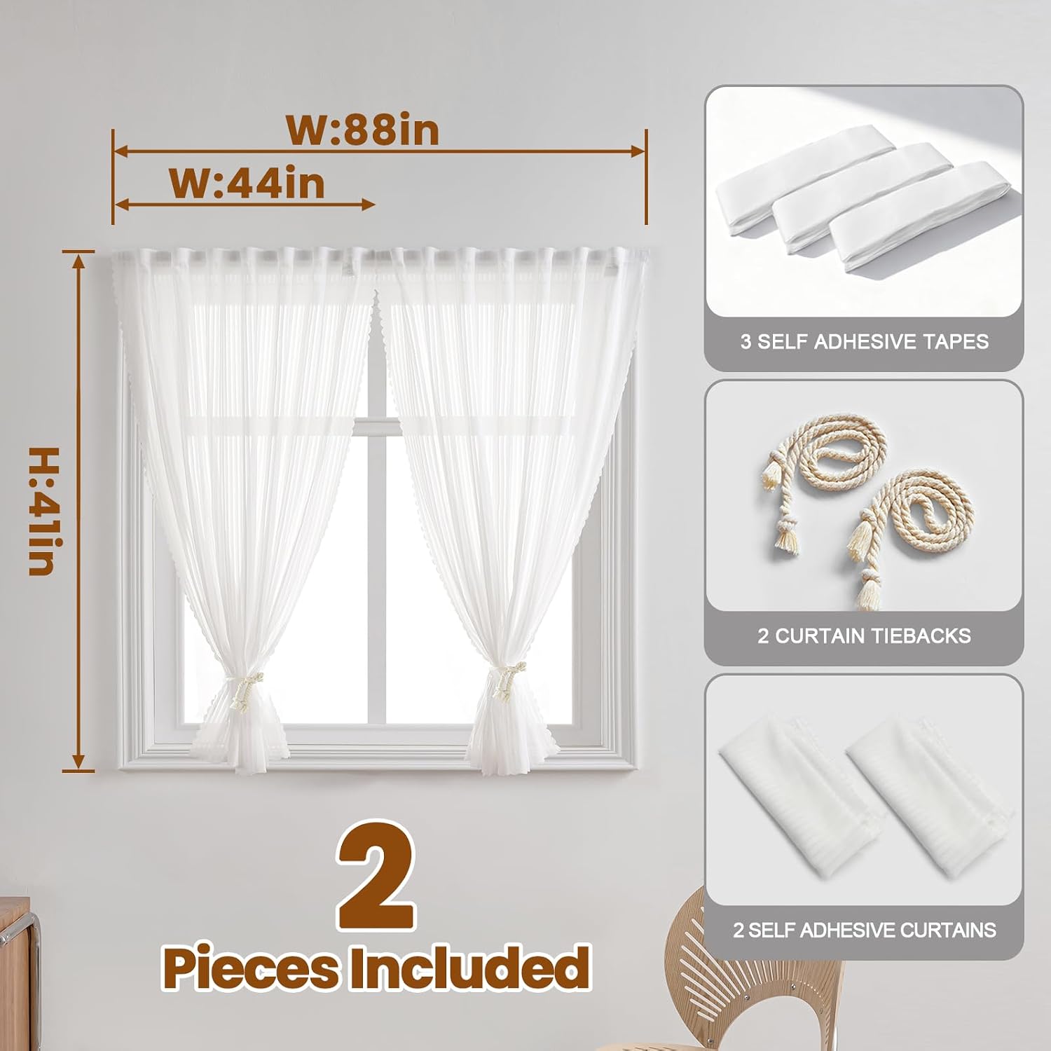 Self Adhesive White Gauze Sheer Curtains, Light-Filter Privacy Fabric, Foldable Hook-&-Loop Curtain No Drilling (44" W x 41" L,White,2 Panels) image 2