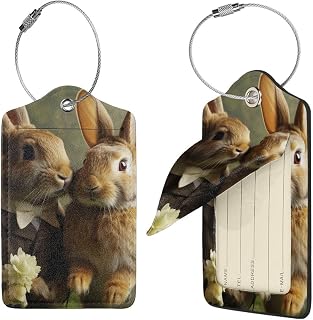 1 Luggage Tags for Suitcase Leather Suitcase Tag with Stainless Steel Loop Travel Baggage Tags Rabbit Couple Label Name ID Card Bag Labels for Cruise Airport Travel Essentials