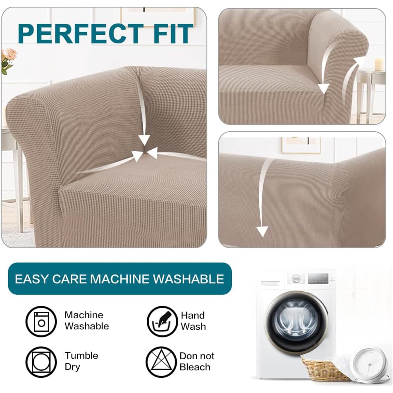 Sofabezüge Stretch Couchbezüge Anti-Rutsch Sofa Schonbezug mit Armlehne Spandex Jacquard Sofa Überwürfe rutschfest Sofa Überzug Waschbare Sofabezug für Haustiere (3-Sitzer,Sand)