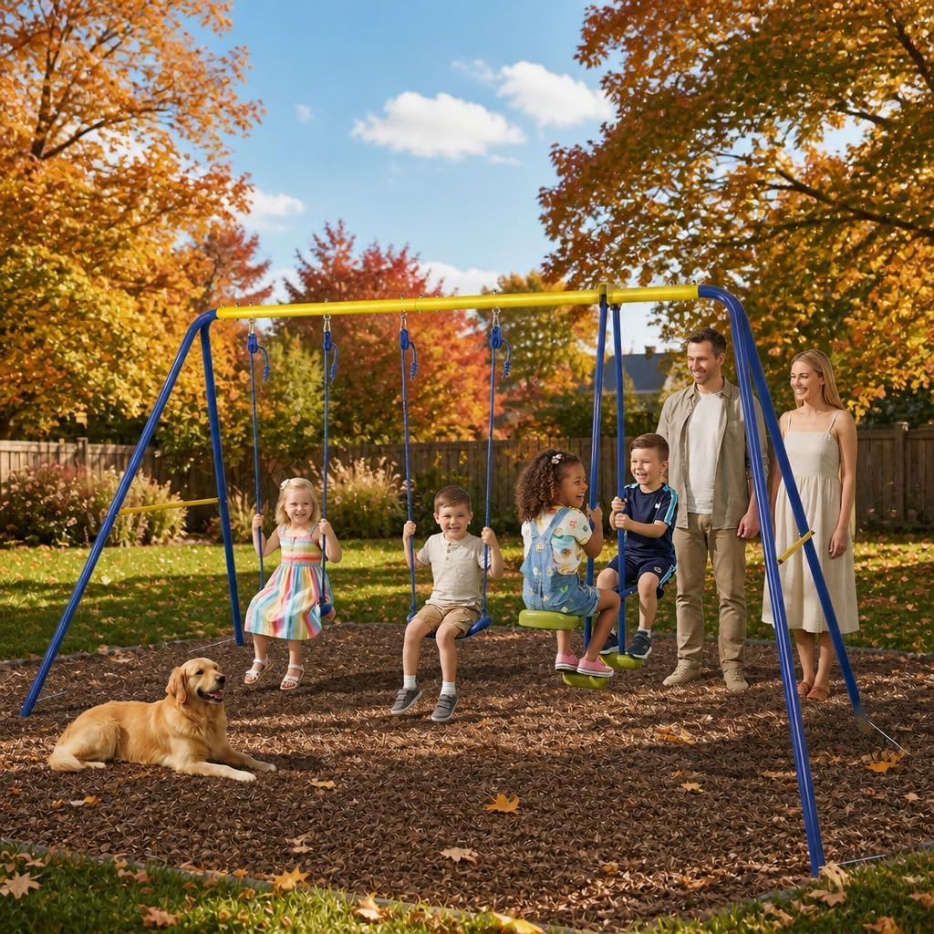 hotsizz Columpios Infantiles Exterior 306 x 180 x 140 cm Columpio Infantil Ideales para el hogar El jardín y el Parque Capacidad para 4 Personas, Estructura en A Resistente e Incluye estacas