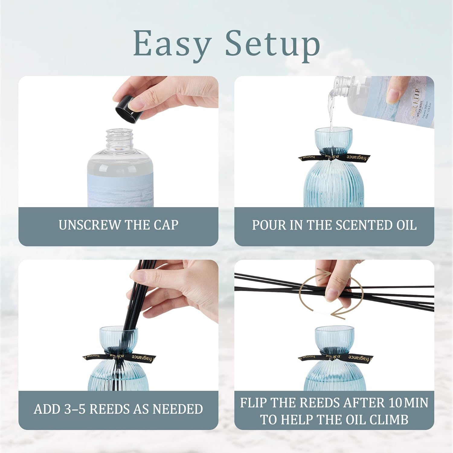 Airkeep Reed Diffuser Set 6.76 oz – Ocean Mist Decorative Home Fragrance with Eucalyptus Sticks, Ribbed Glass Diffuser for Bathroom & Bedroom Décor, Gift Ready