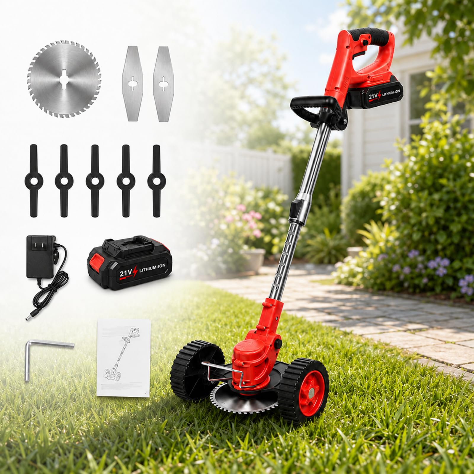 Cortahierbas Eléctrico 21 V, Motor de 180 W, 3 Tipos de Cuchilla Red-15-CellBattery | El motor con escobillas alcanza 8000 rpm para cuidar bordes, caminos, vallas, parterres y zonas de césped