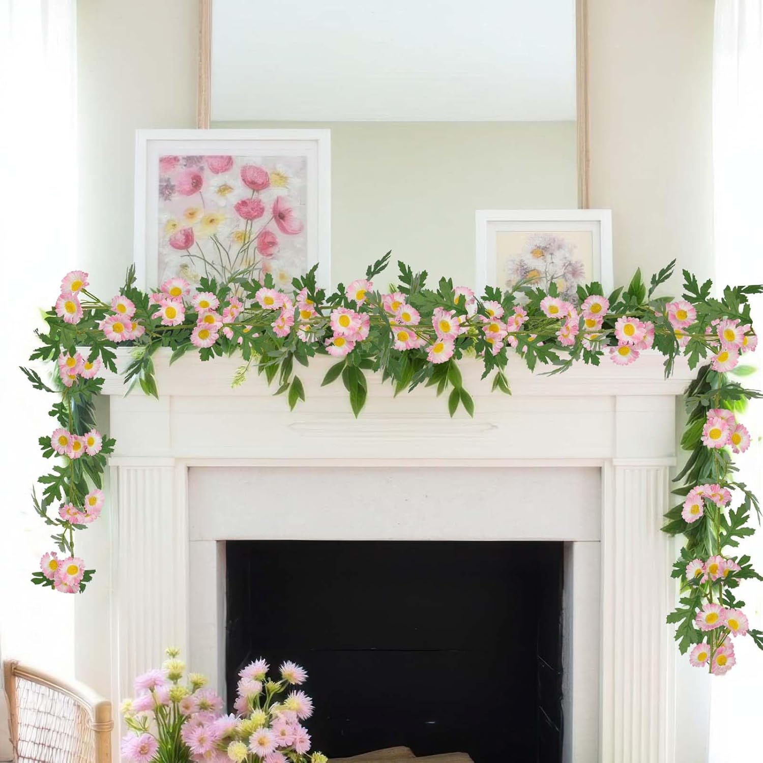 2 Pcs Wildflower Garland Spring Flowers Garland Pink Artificial Daisy Flowers and Leaves Faux Floral Vine for Mantle Baby Shower Wedding Arch Front Door Porch Staircase Summer Decor - Image 5