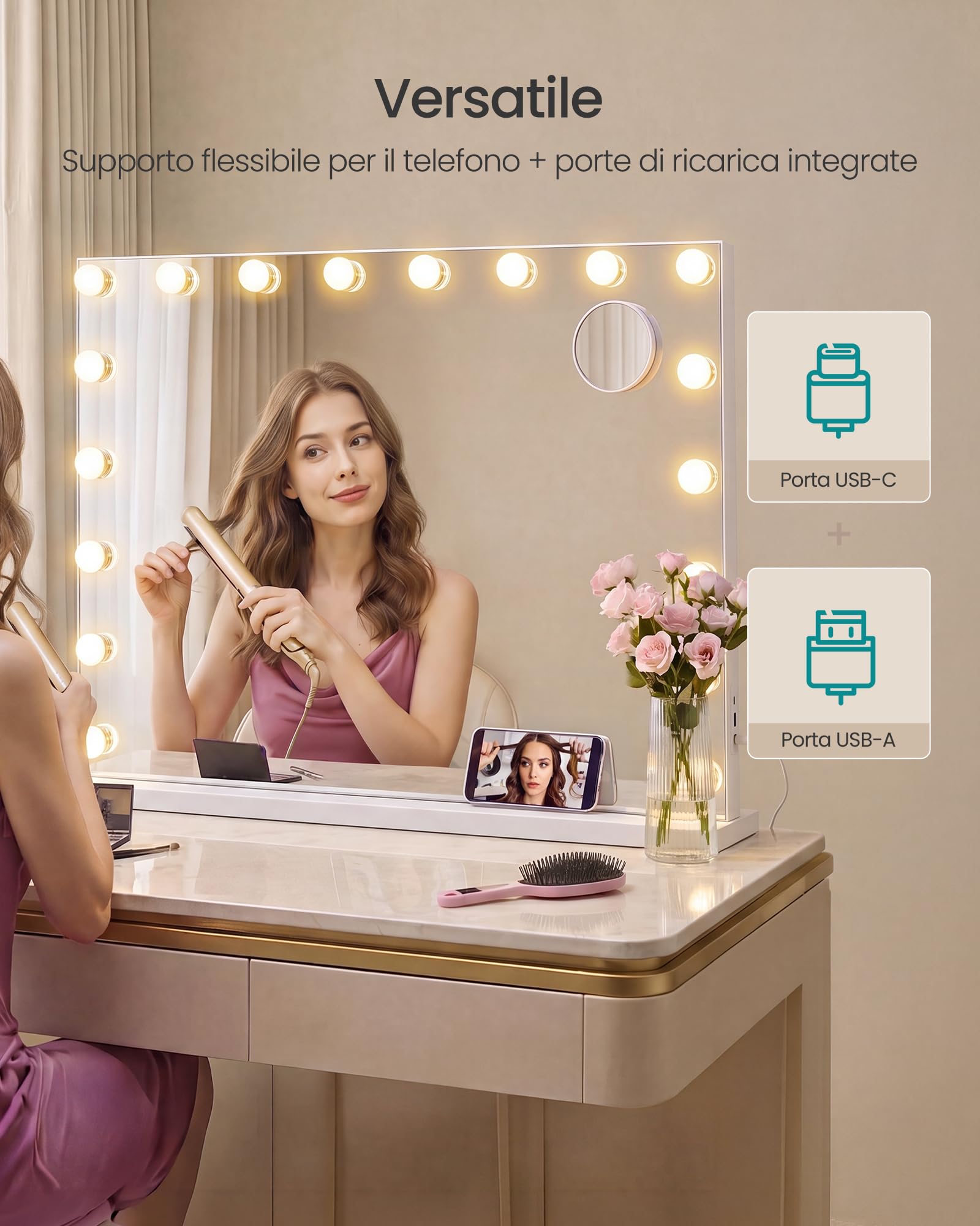 SONGMICS Specchio Trucco con Luci, 15 LED Dimmerabili, 3 Colori, Specchio Ingranditore 10x, Porte USB, da Tavolo o Parete, 62 x 80 x 5,7 cm, Bianco Opaco, Collezione Berit LWM223WC02