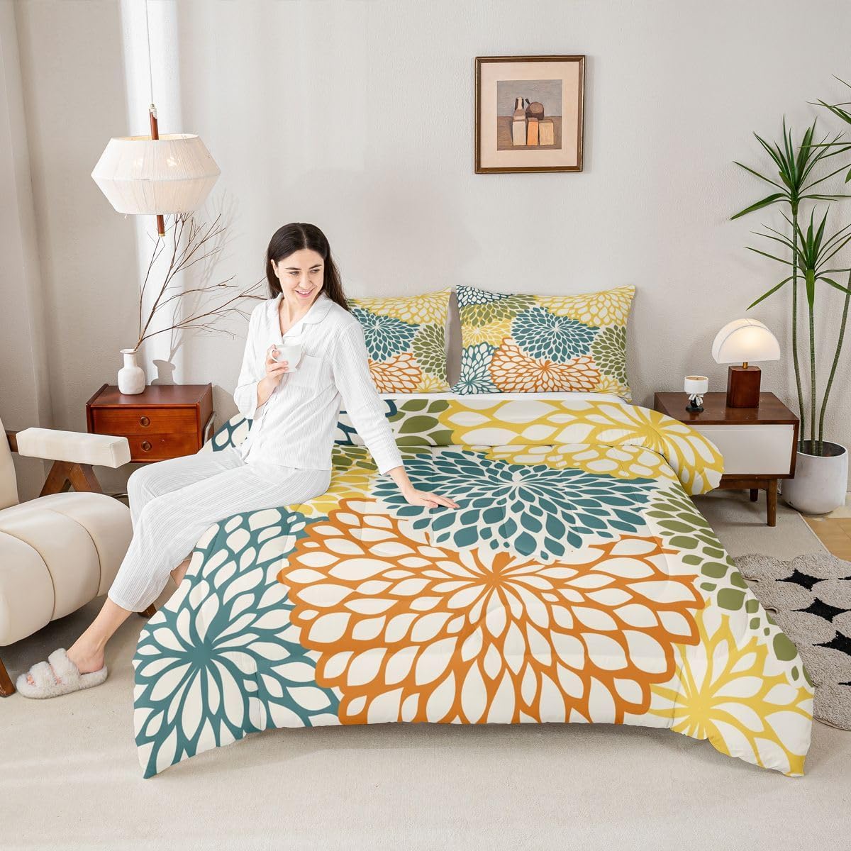 Aztec Dahlia Comforter Set Full for Adult Women Girls Bedding,Mexican National Flower Duvet Insert Floral Bedding Set,Modern Floral Design All Season Quilted Duvet Bedroom Decor, Multicolor