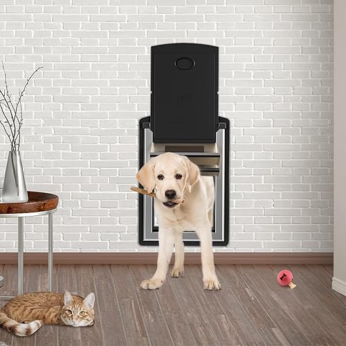 Miniatura 8 de ClawJaw Puerta para perro para pared exterior, marco de metal y túnel telescópico para mascotas, deflector de viento de doble cara y solapas