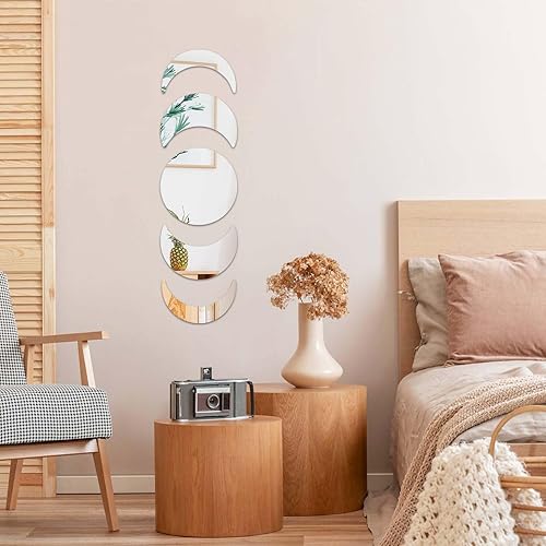 Miniatura 7 de Juego de 5 piezas de espejos de fases lunares, calcomanías de pared de espejo acrílico, calcomanías de pared autoadhesivas, espejo de luna