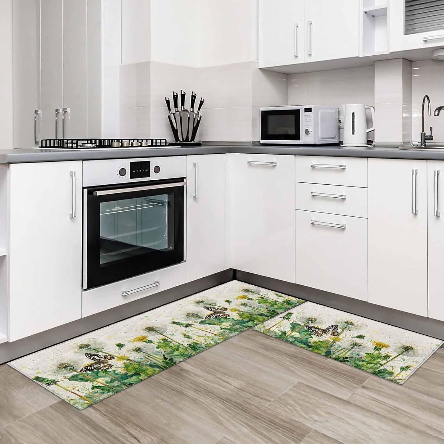 Kitchen Mats for Floor Watercolor Spring Flower Butterfly Washable Non Slip Kitchen Rugs 2PCS, Floral Leaves on Burlap Absorbent Standing Mats for Sink Office Living Room 15.7x23.6in+15.7x47.2in