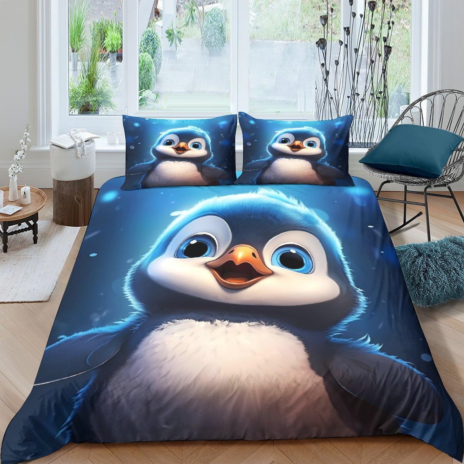 GPLZQXKJNH 3D Printed Cute Penguin Duvet Cover Microfiber Soft Breathable Blue Cartoon Bedding Set with 2 Pillowcases for Bedroom Decor Single（135x200cm）