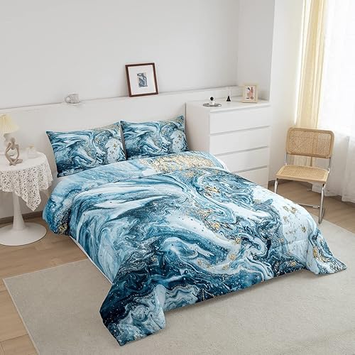 Miniatura 2 de Erosebridal Edredón de mármol azul y blanco, ropa de cama de lentejuelas doradas tamaño Queen, juegos de ropa de cama y colecciones con patrón